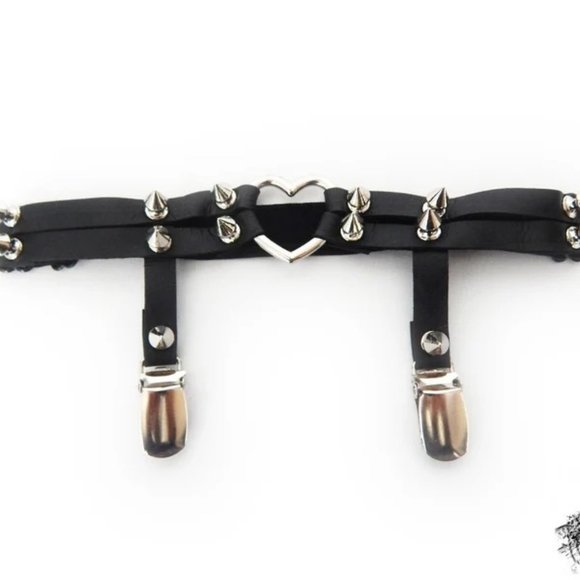 Genuine Leather Pink and Black Studded Heart Ring Thigh Leg Garter Belt